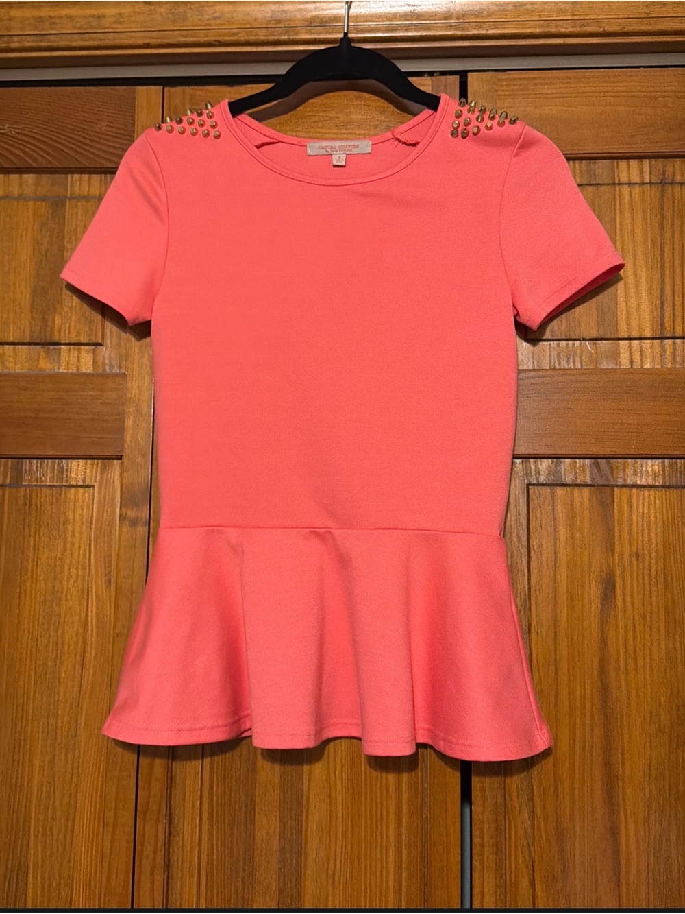 Coral Peplum Top with Studded Shoulders
